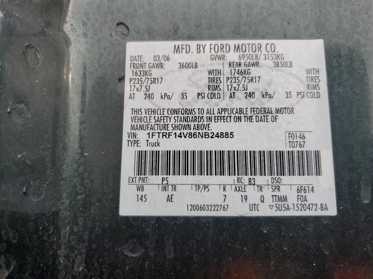 1FTRF14V86NB24885 2006 Ford F150