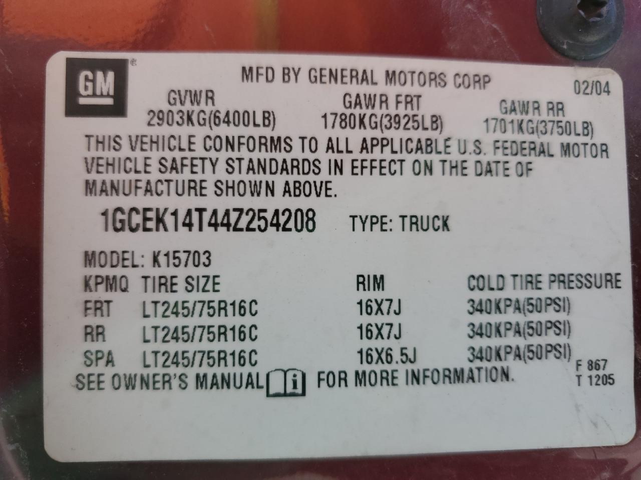 1GCEK14T44Z254208 2004 Chevrolet Silverado K1500