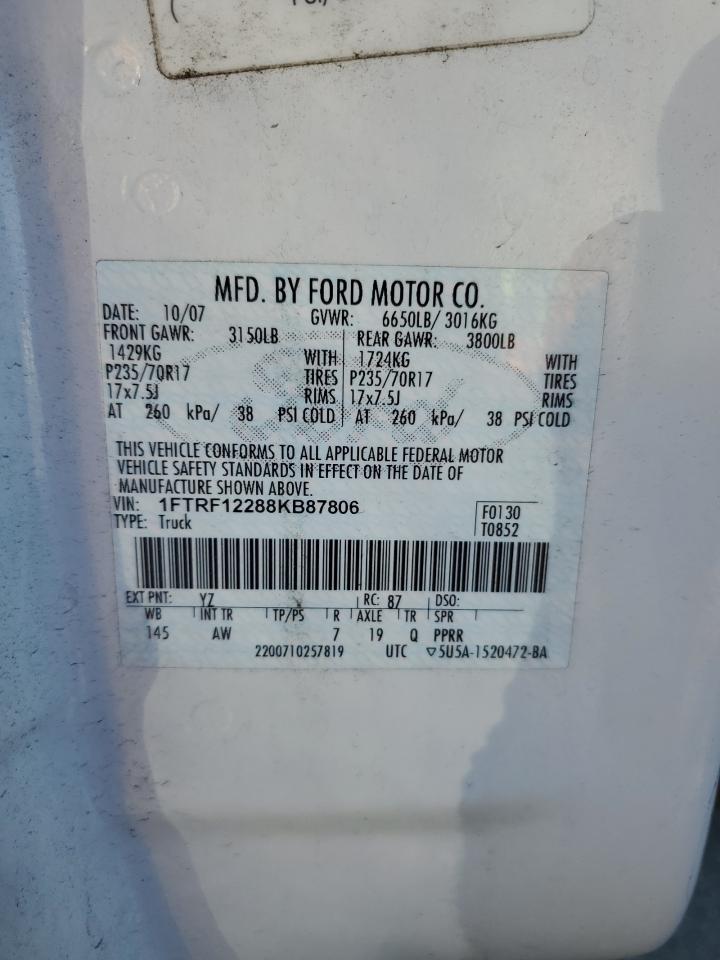 2008 Ford F150 VIN: 1FTRF12288KB87806 Lot: 73770094