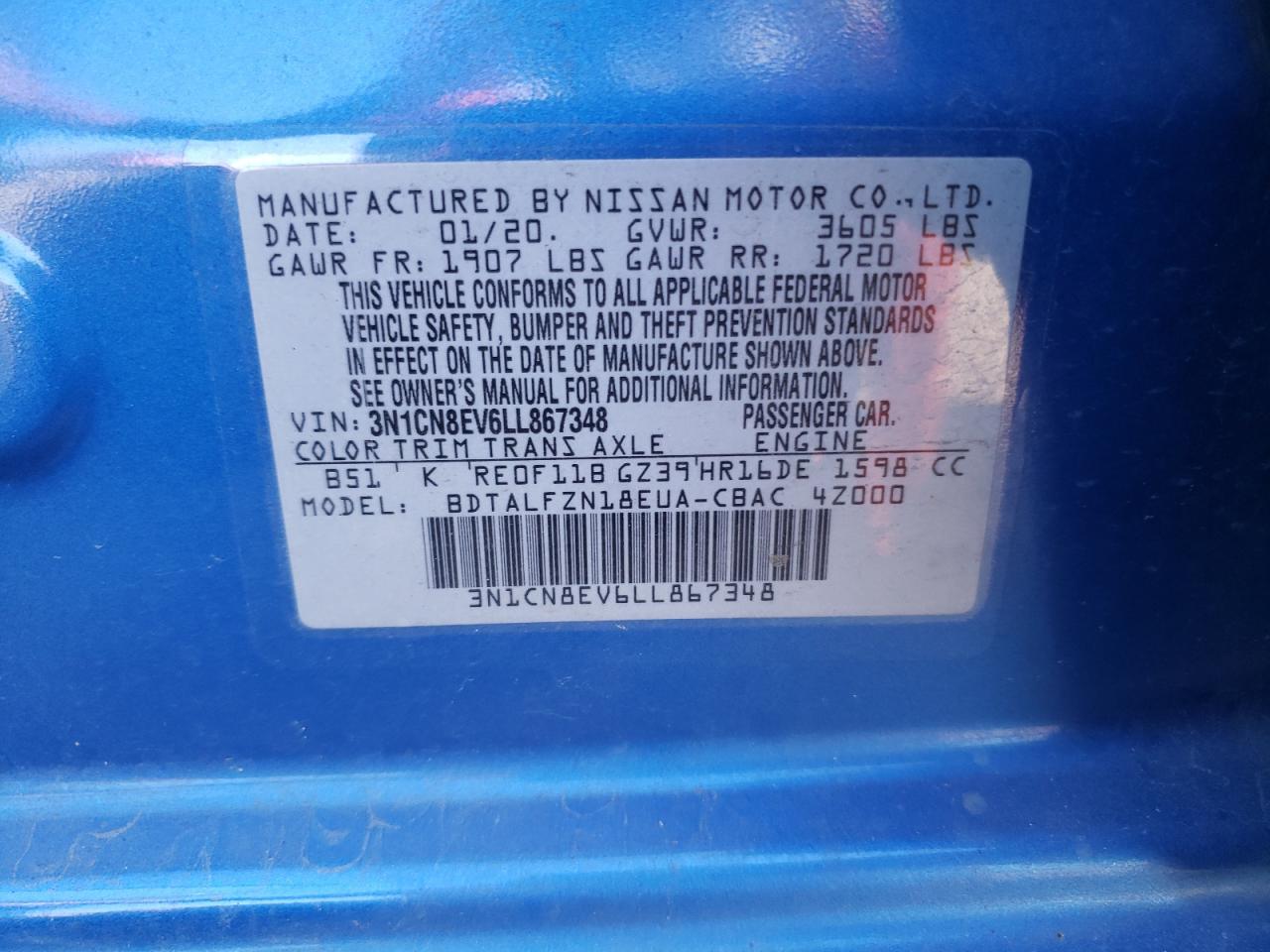 3N1CN8EV6LL867348 2020 Nissan Versa Sv