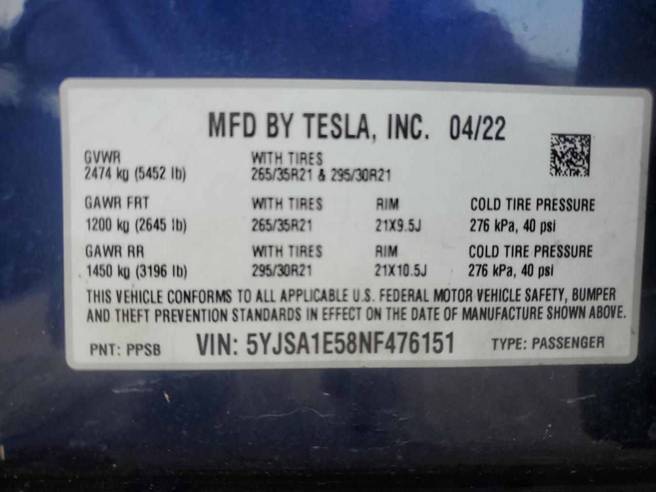 5YJSA1E58NF476151 2022 Tesla Model S