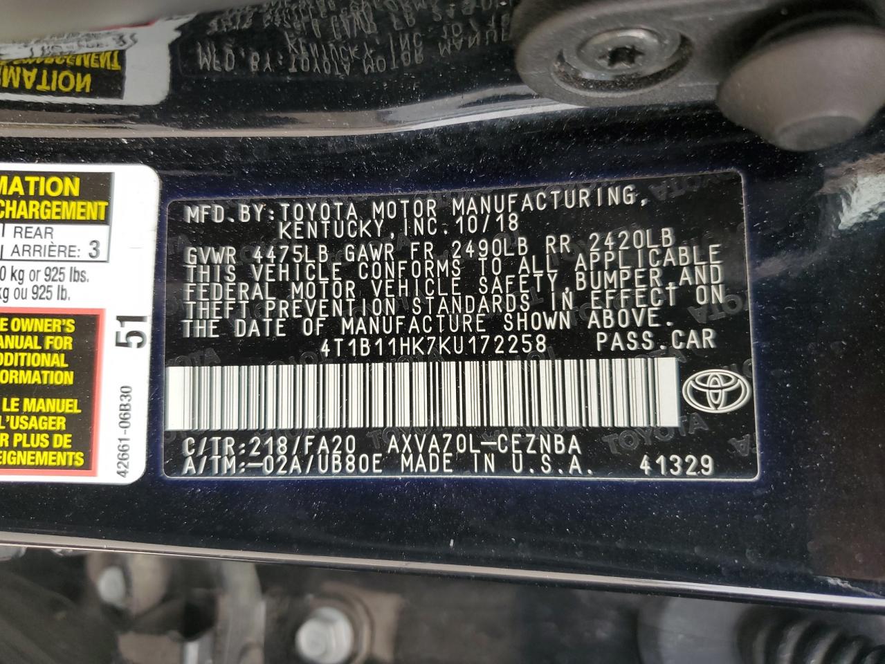 4T1B11HK7KU172258 2019 Toyota Camry L