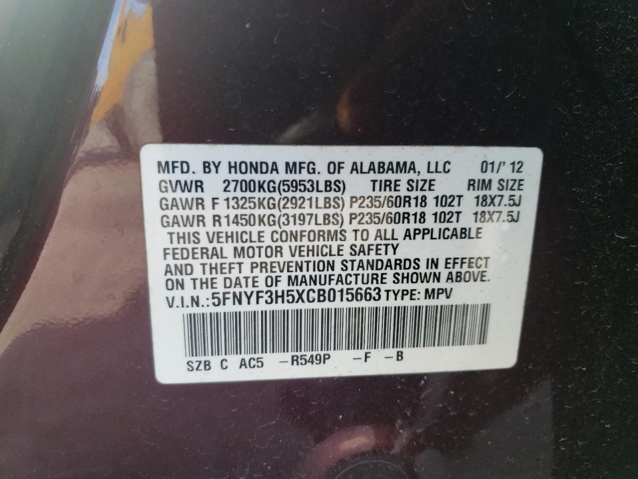 5FNYF3H5XCB015663 2012 Honda Pilot Exl