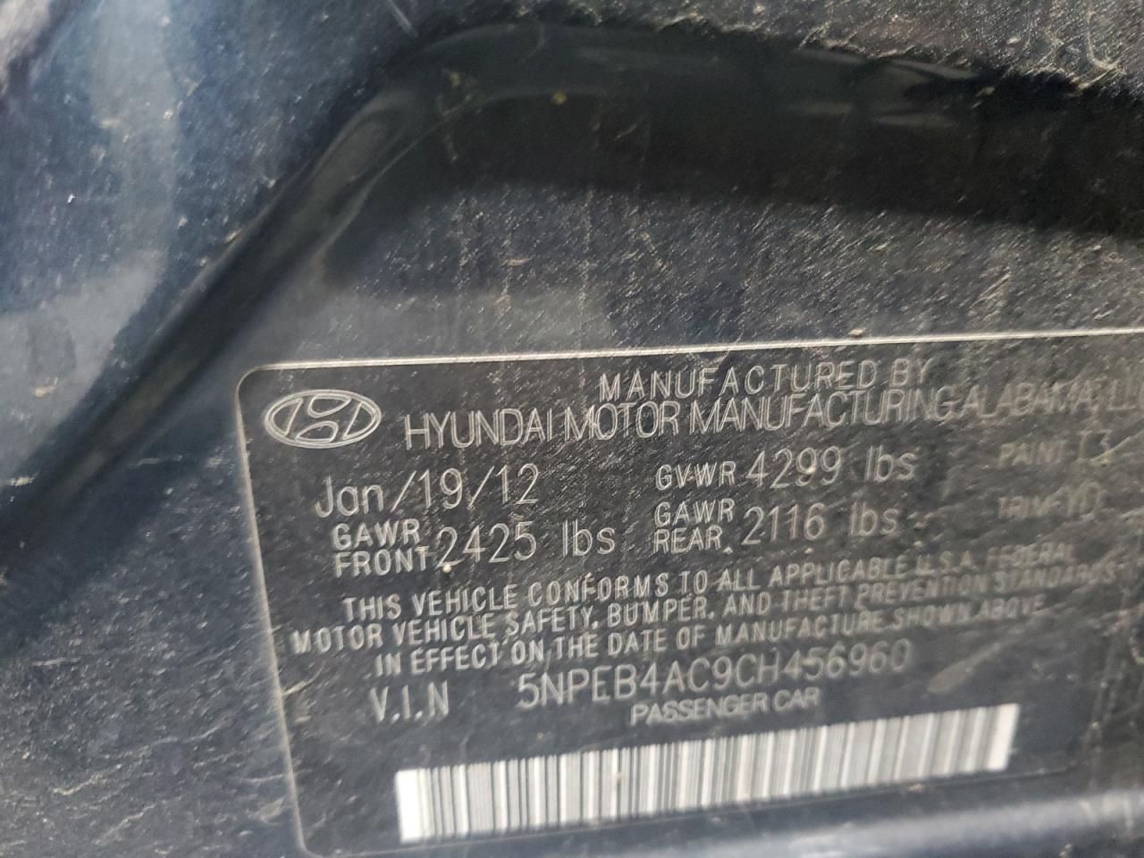 5NPEB4AC9CH456960 2012 Hyundai Sonata Gls