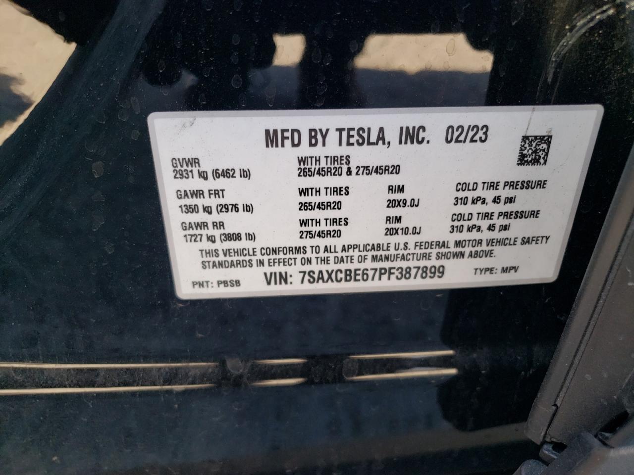 2023 Tesla Model X VIN: 7SAXCBE67PF387899 Lot: 73746384