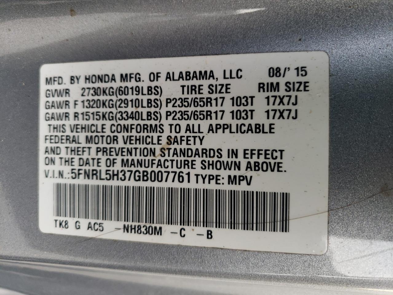 5FNRL5H37GB007761 2016 Honda Odyssey Se