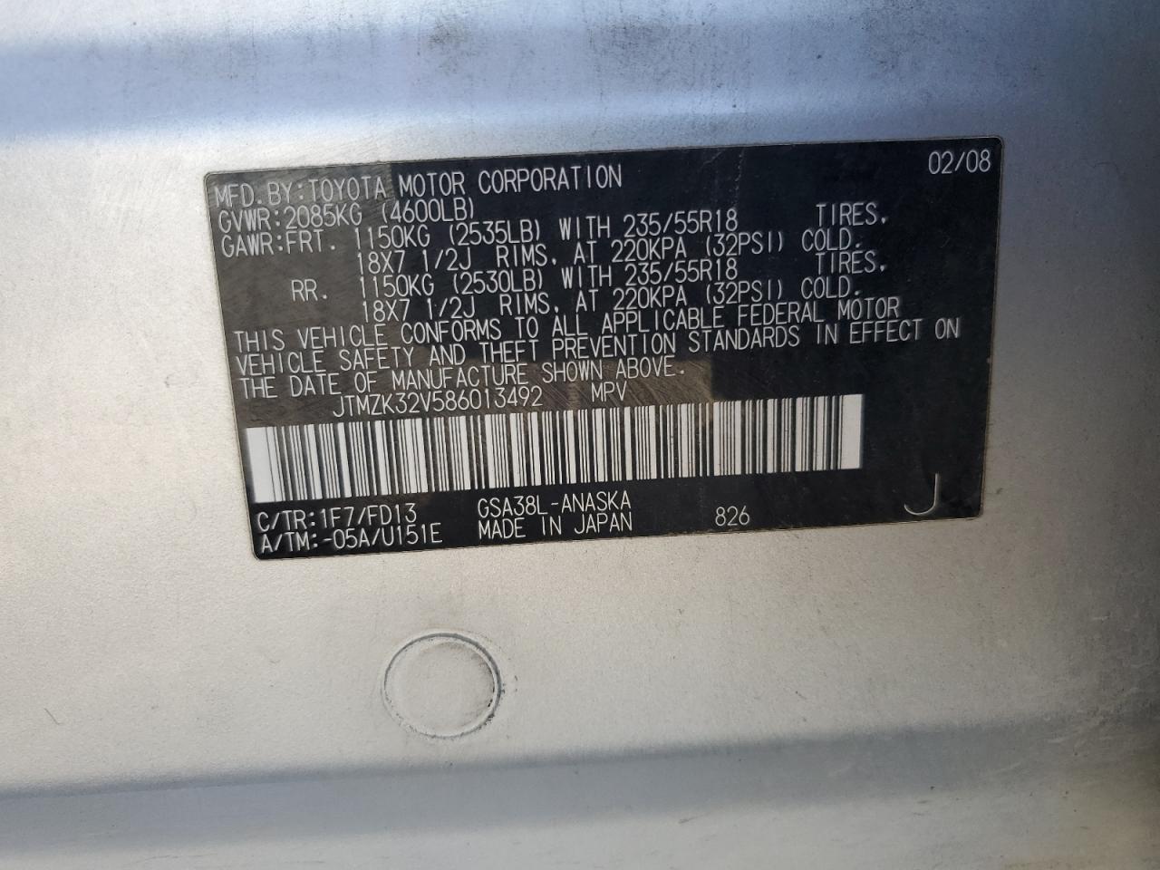 2008 Toyota Rav4 Sport VIN: JTMZK32V586013492 Lot: 73310714