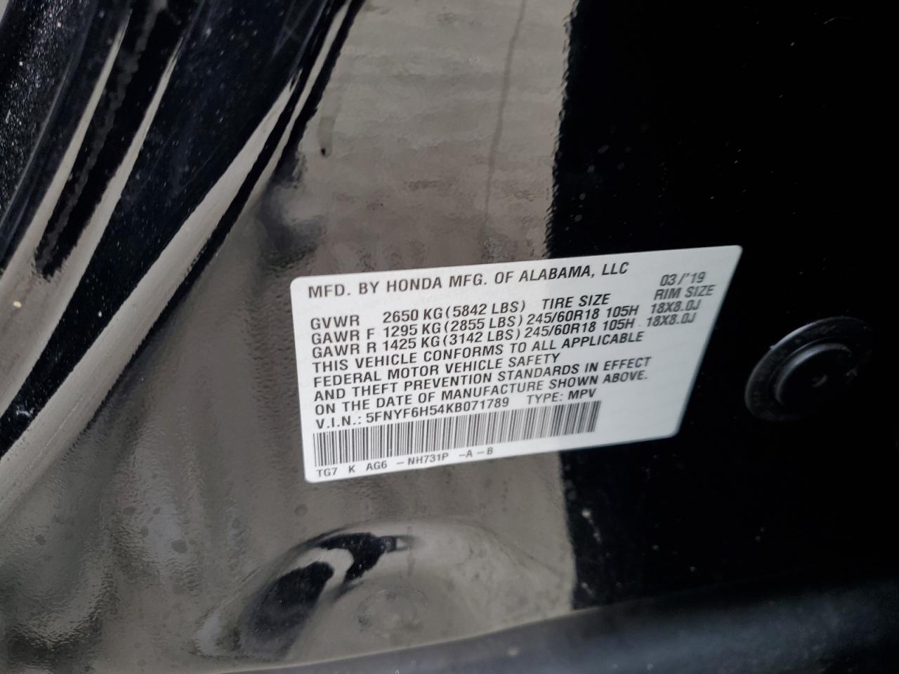 5FNYF6H54KB071789 2019 Honda Pilot Exl