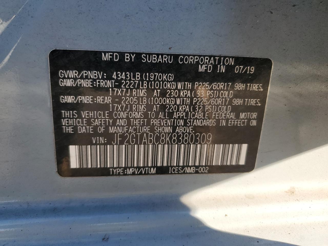 JF2GTABC8K8380309 2019 Subaru Crosstrek