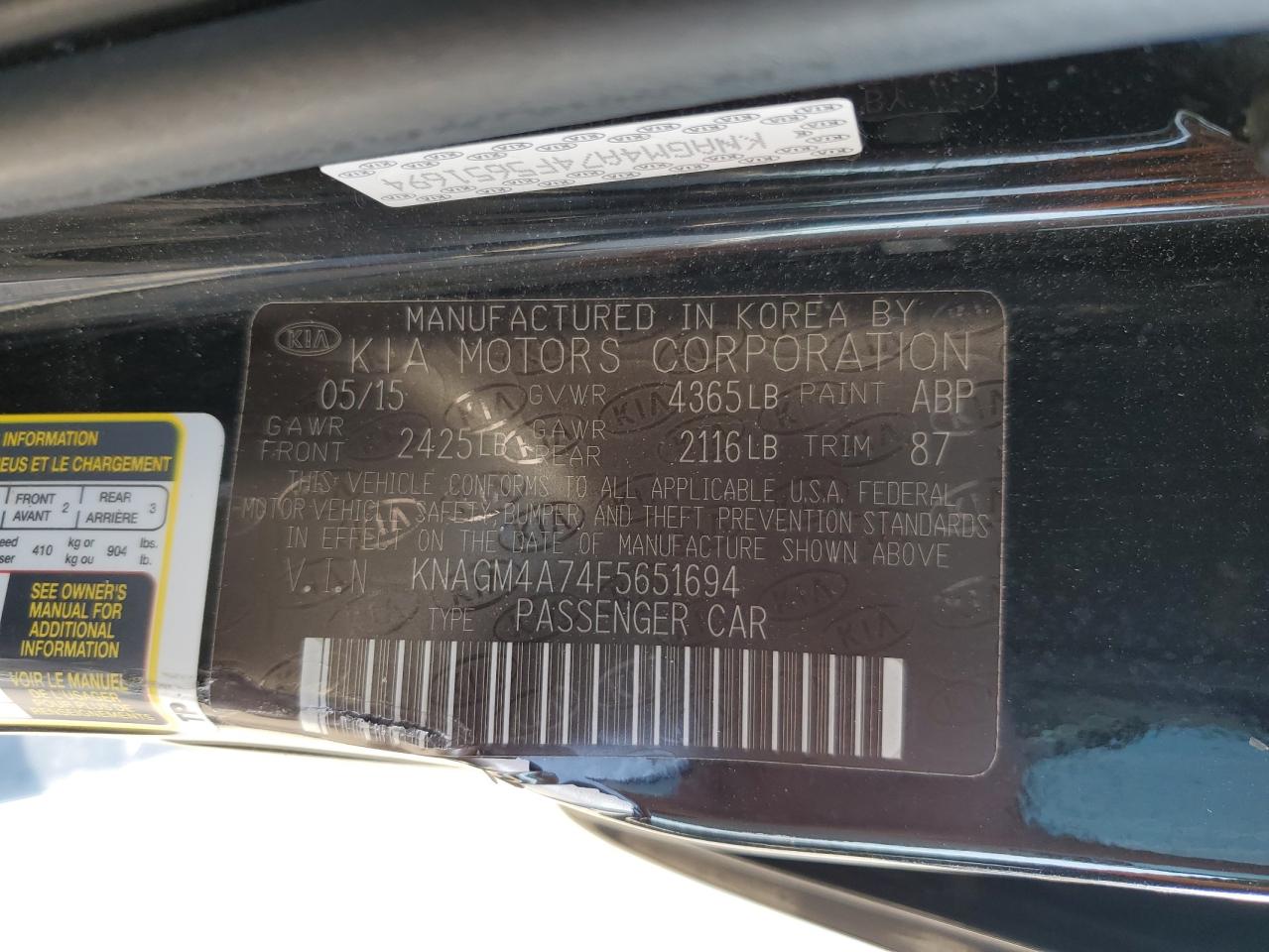 KNAGM4A74F5651694 2015 KIA OPTIMA - Image 12