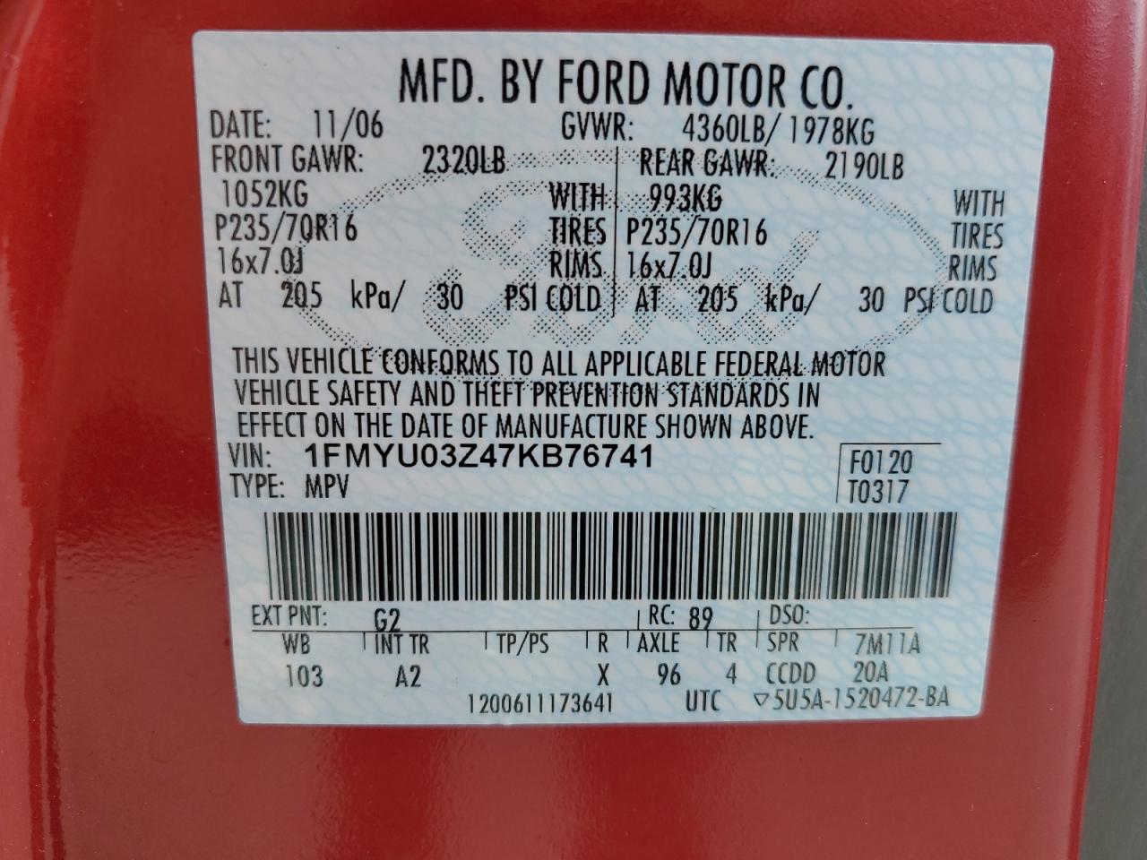 1FMYU03Z47KB76741 2007 Ford Escape Xlt