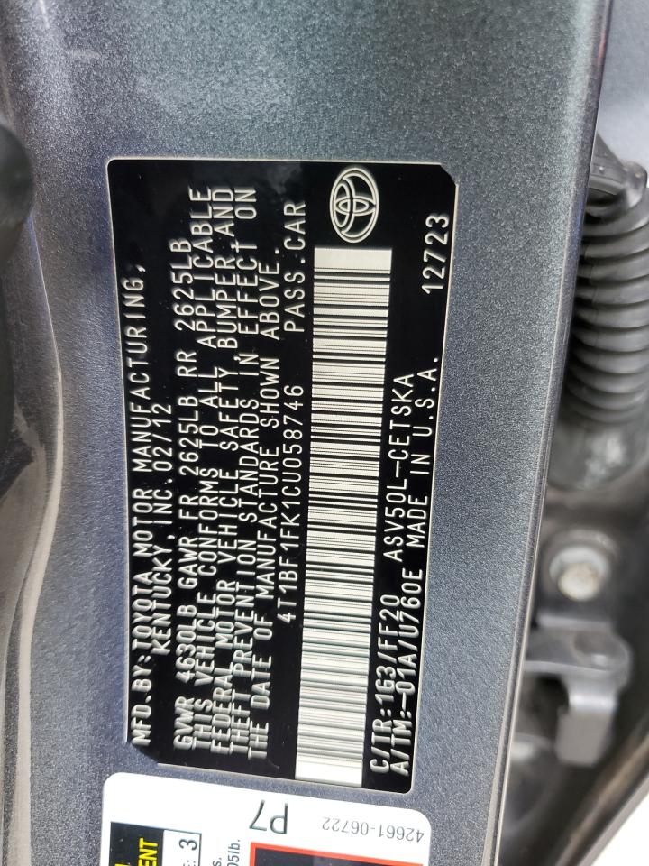 4T1BF1FK1CU058746 2012 Toyota Camry Base