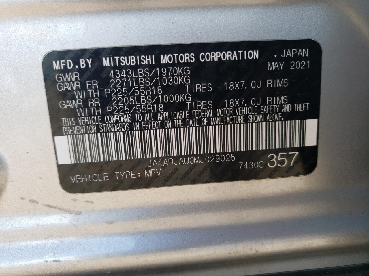 JA4ARUAU0MU029025 2021 MITSUBISHI OUTLANDER - Image 13