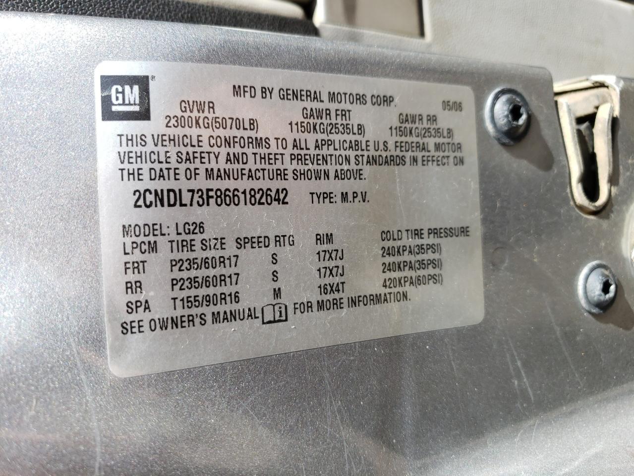 2CNDL73F866182642 2006 Chevrolet Equinox Lt