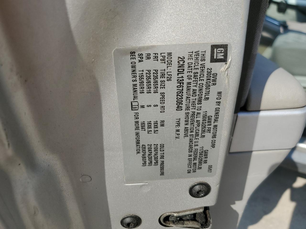 2CNDL13F676230640 2007 Chevrolet Equinox Ls