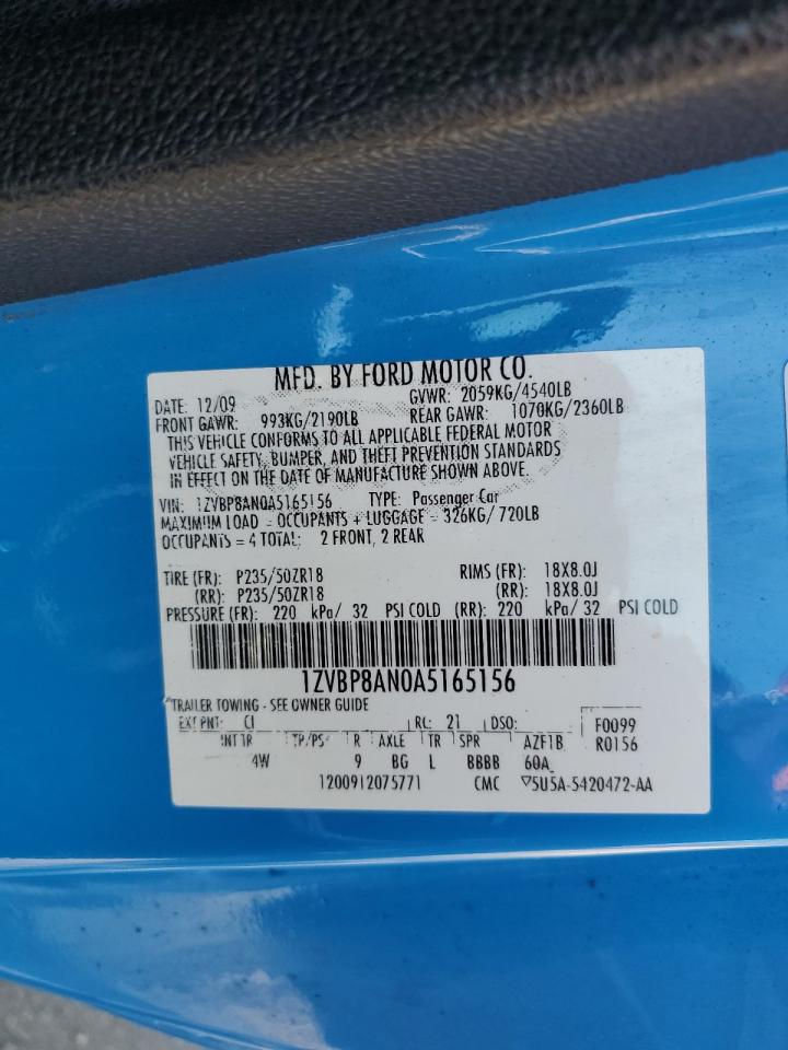 2010 Ford Mustang VIN: 1ZVBP8AN0A5165156 Lot: 72191844