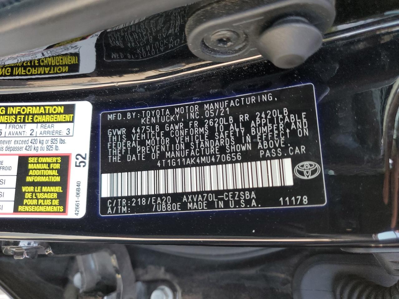 4T1G11AK4MU470656 2021 Toyota Camry Se