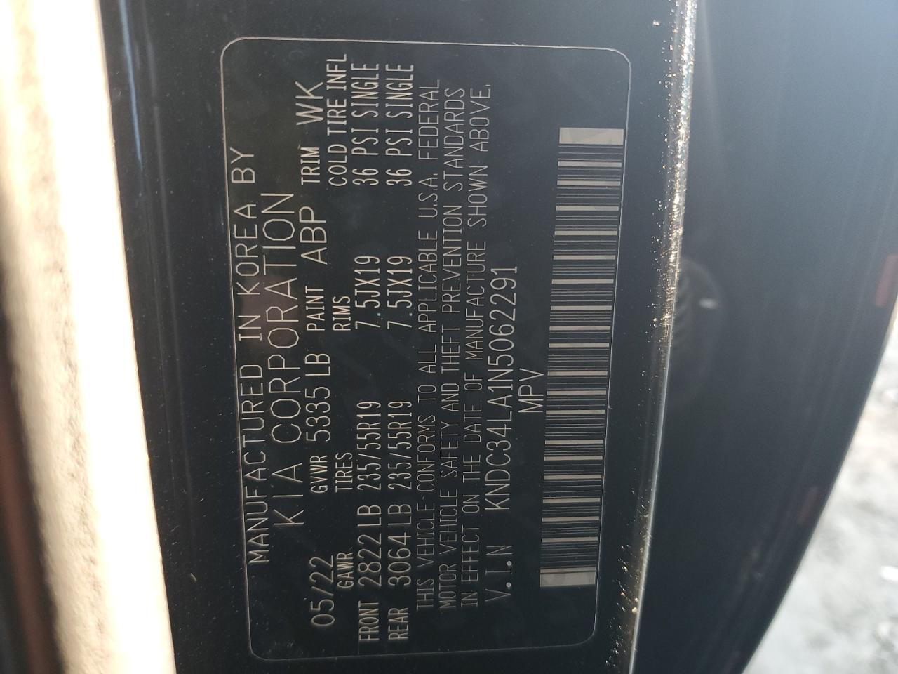 KNDC34LA1N5062291 2022 Kia Ev6 Light