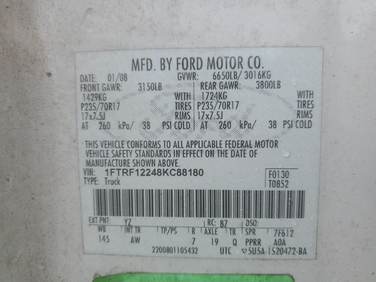 2008 Ford F150 VIN: 1FTRF12248KC88180 Lot: 73144034