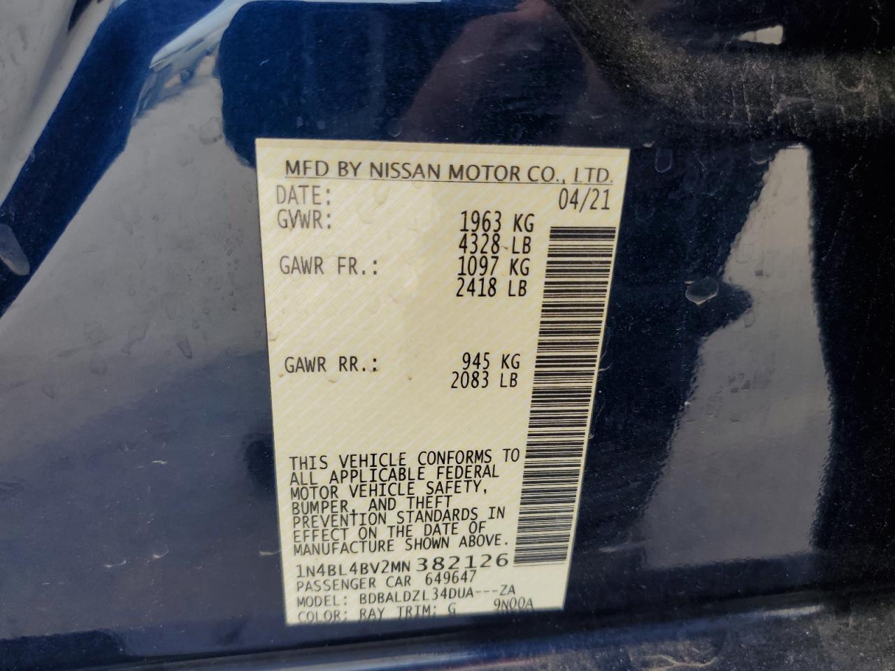 2021 Nissan Altima S VIN: 1N4BL4BV2MN382126 Lot: 72859984