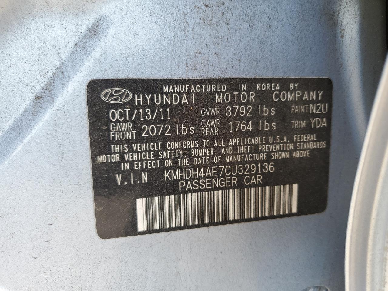 KMHDH4AE7CU329136 2012 Hyundai Elantra Gls