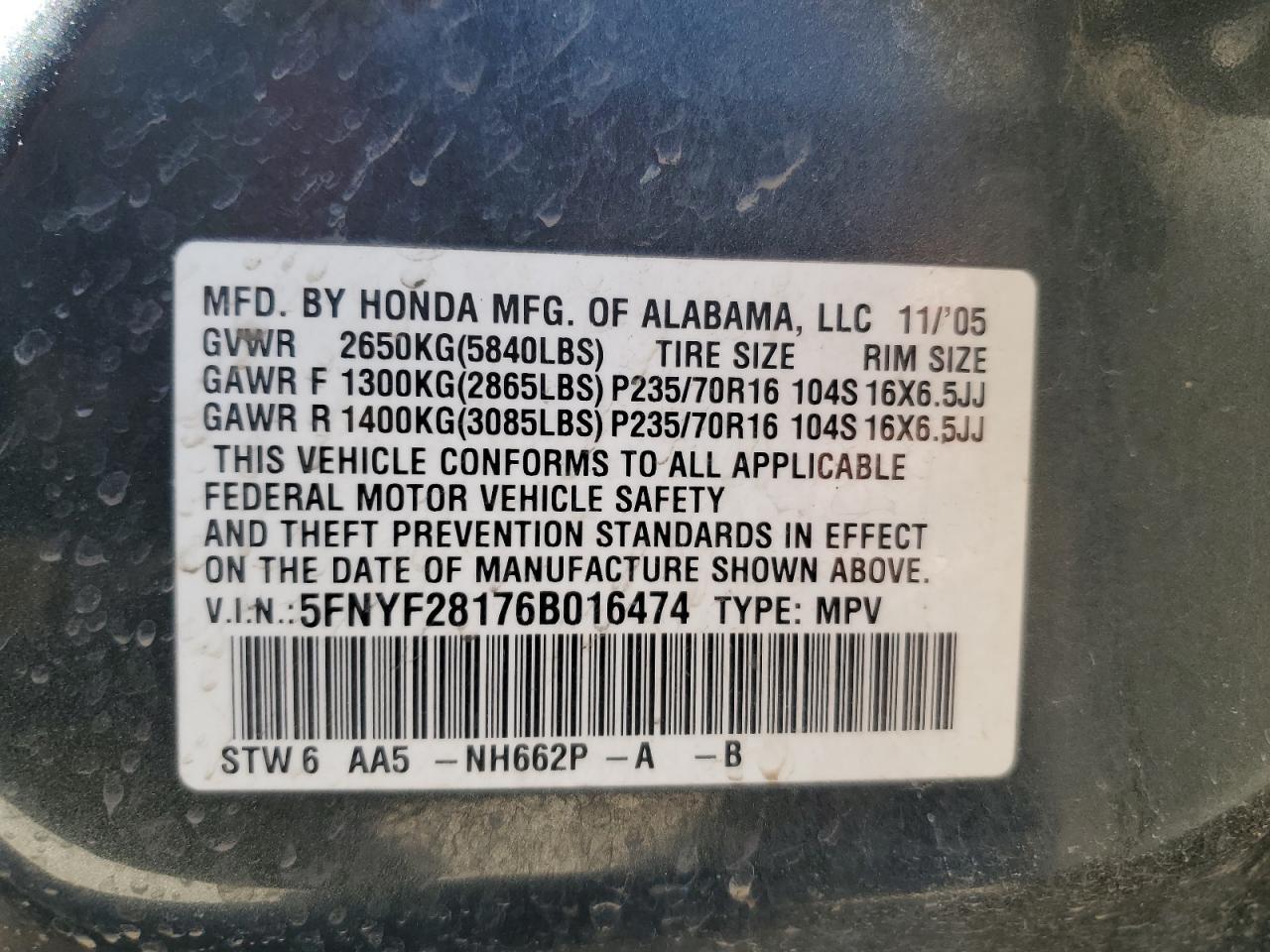 2006 Honda Pilot Lx VIN: 5FNYF28176B016474 Lot: 73165154