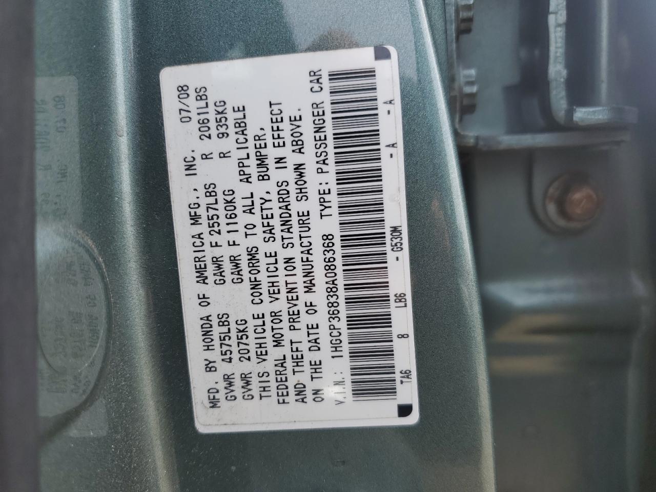 1HGCP36838A086368 2008 Honda Accord Exl