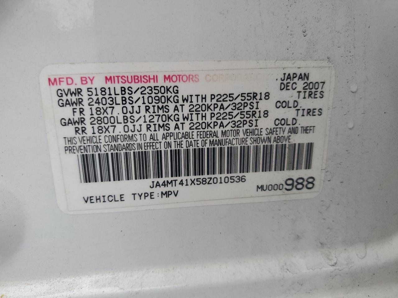 2008 Mitsubishi Outlander Xls VIN: JA4MT41X58Z010536 Lot: 66134944