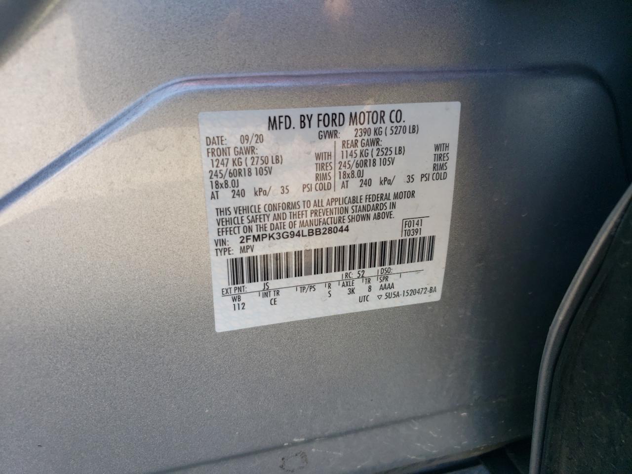 2020 Ford Edge Se VIN: 2FMPK3G94LBB28044 Lot: 72286214