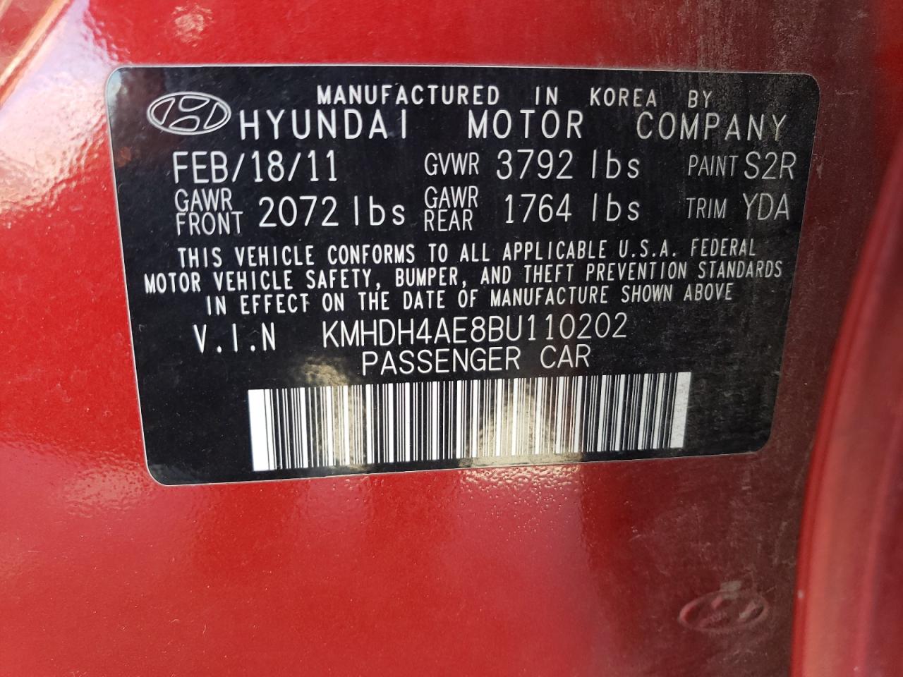 KMHDH4AE8BU110202 2011 Hyundai Elantra Gls