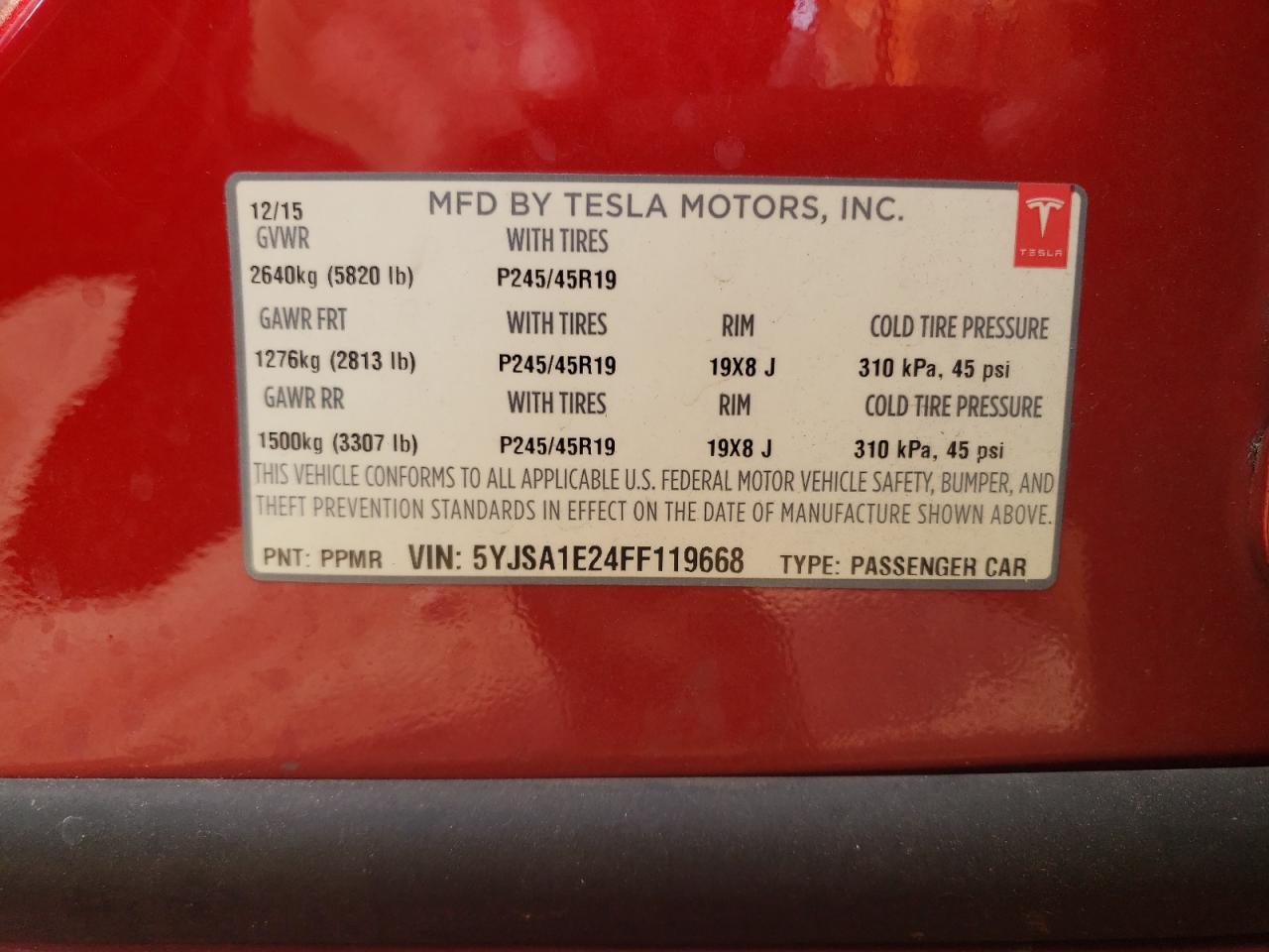 2015 Tesla Model S VIN: 5YJSA1E24FF119668 Lot: 71078254