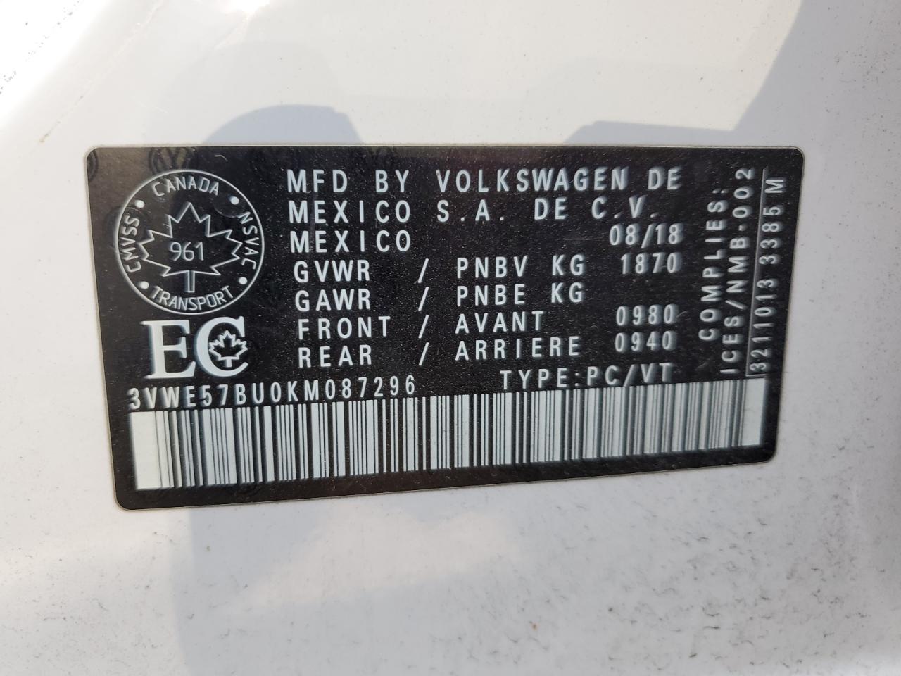 3VWE57BU0KM087296 2019 Volkswagen Jetta Sel