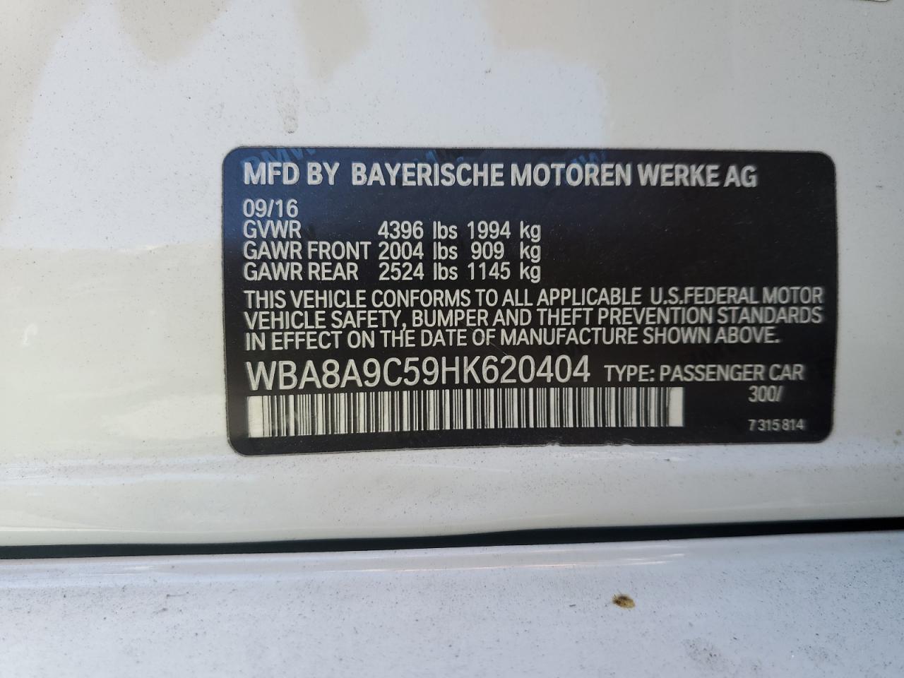 WBA8A9C59HK620404 2017 BMW 320 I