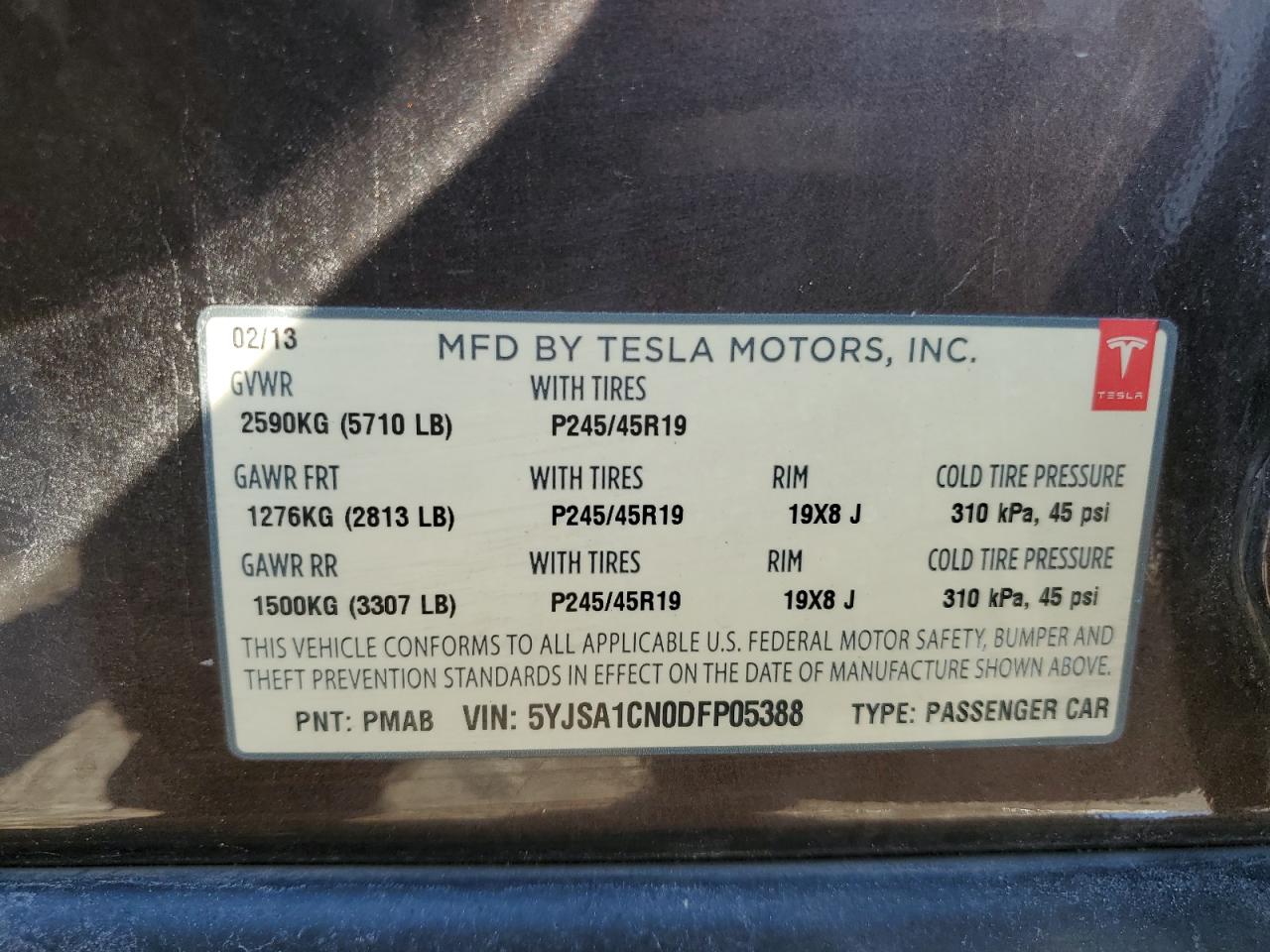 2013 Tesla Model S VIN: 5YJSA1CN0DFP05388 Lot: 70053424