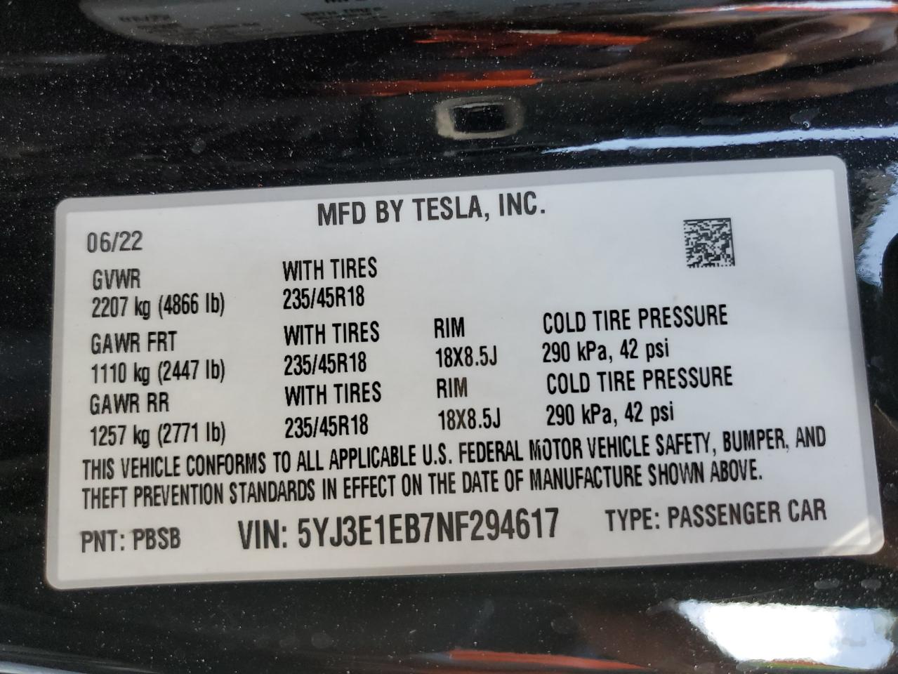 2022 Tesla Model 3 VIN: 5YJ3E1EB7NF294617 Lot: 71840414