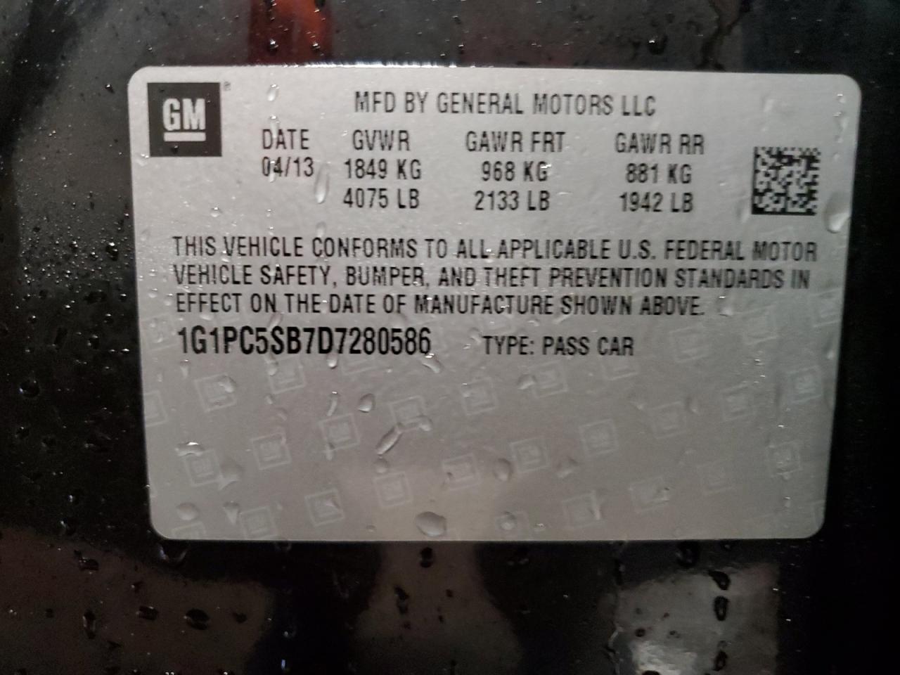 1G1PC5SB7D7280586 2013 Chevrolet Cruze Lt