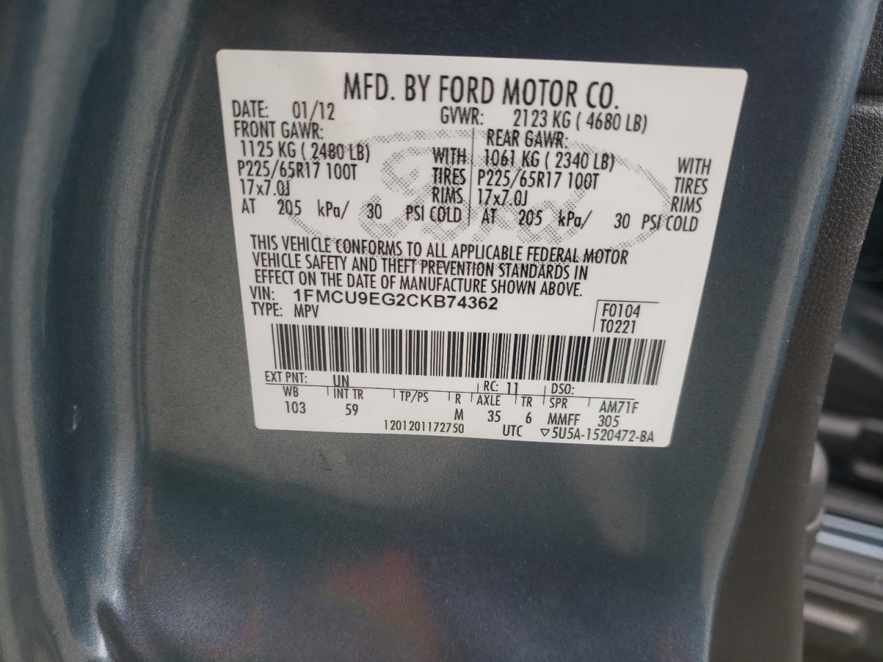 1FMCU9EG2CKB74362 2012 Ford Escape Limited