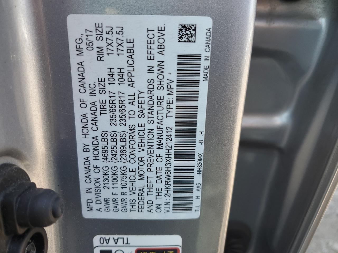 2HKRW6H3XHH212412 2017 Honda Cr-V Lx