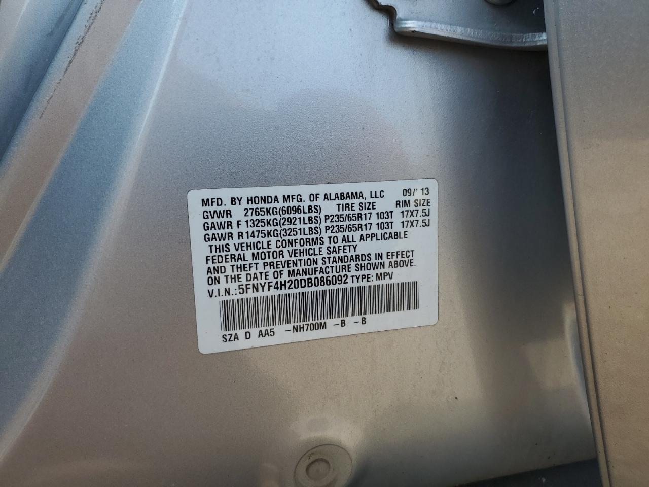 5FNYF4H20DB086092 2013 Honda Pilot Lx