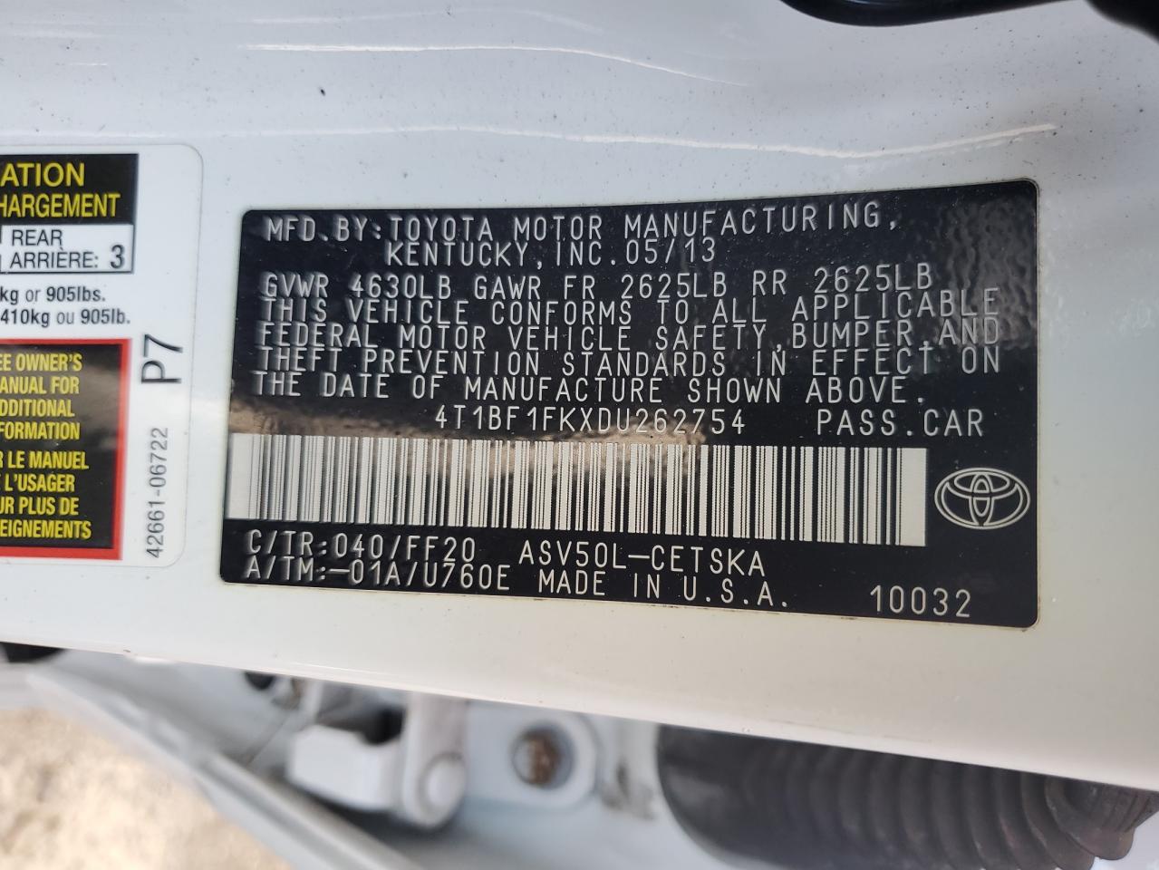 4T1BF1FKXDU262754 2013 Toyota Camry L