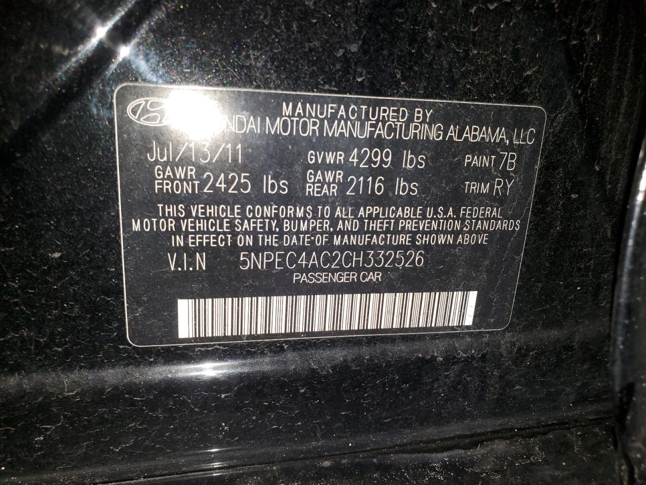 5NPEC4AC2CH332526 2012 Hyundai Sonata Se