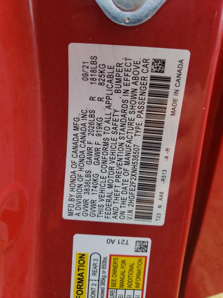2HGFE2F2XNH536507 2022 Honda Civic Lx