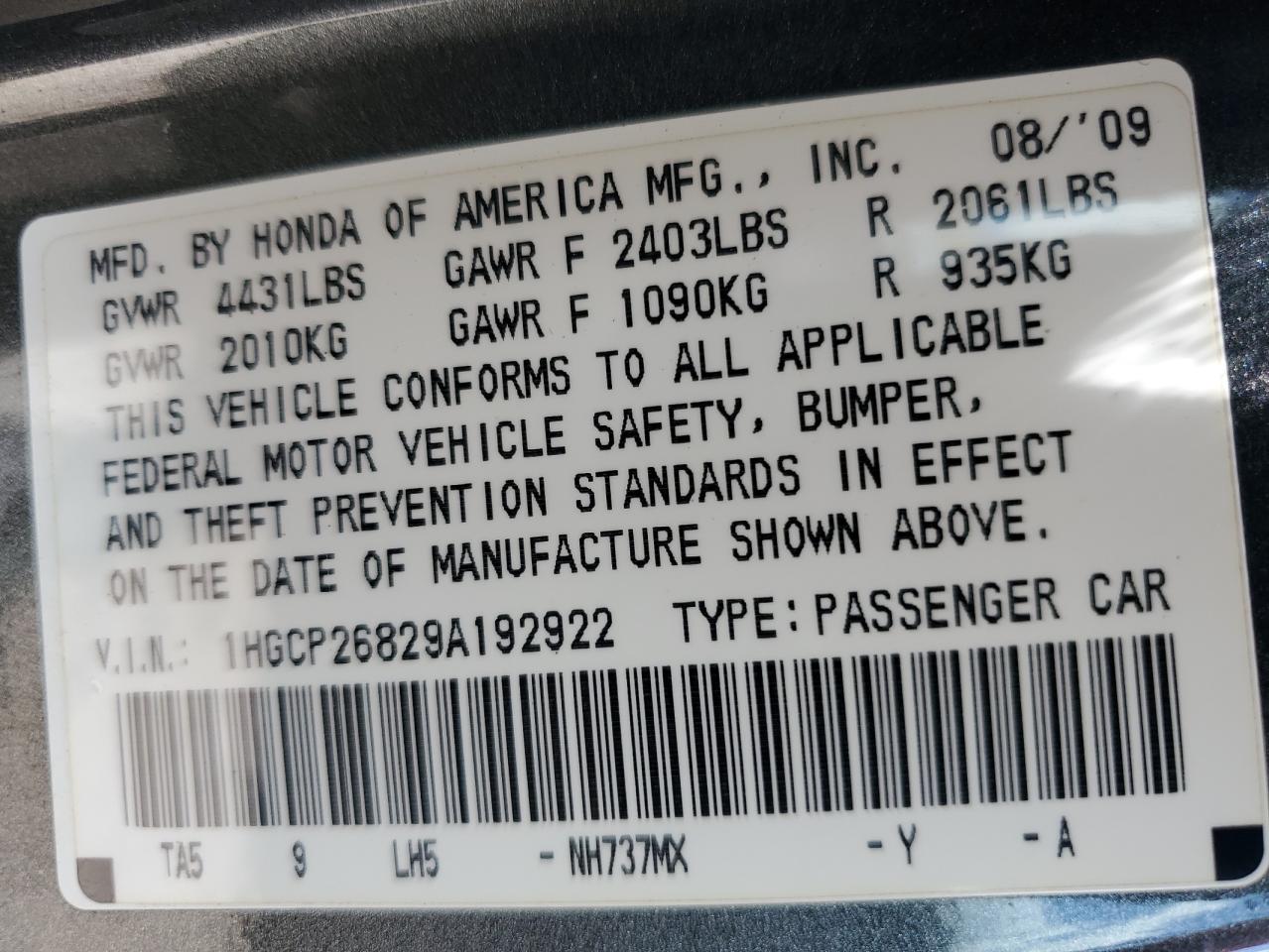 1HGCP26829A192922 2009 Honda Accord Exl