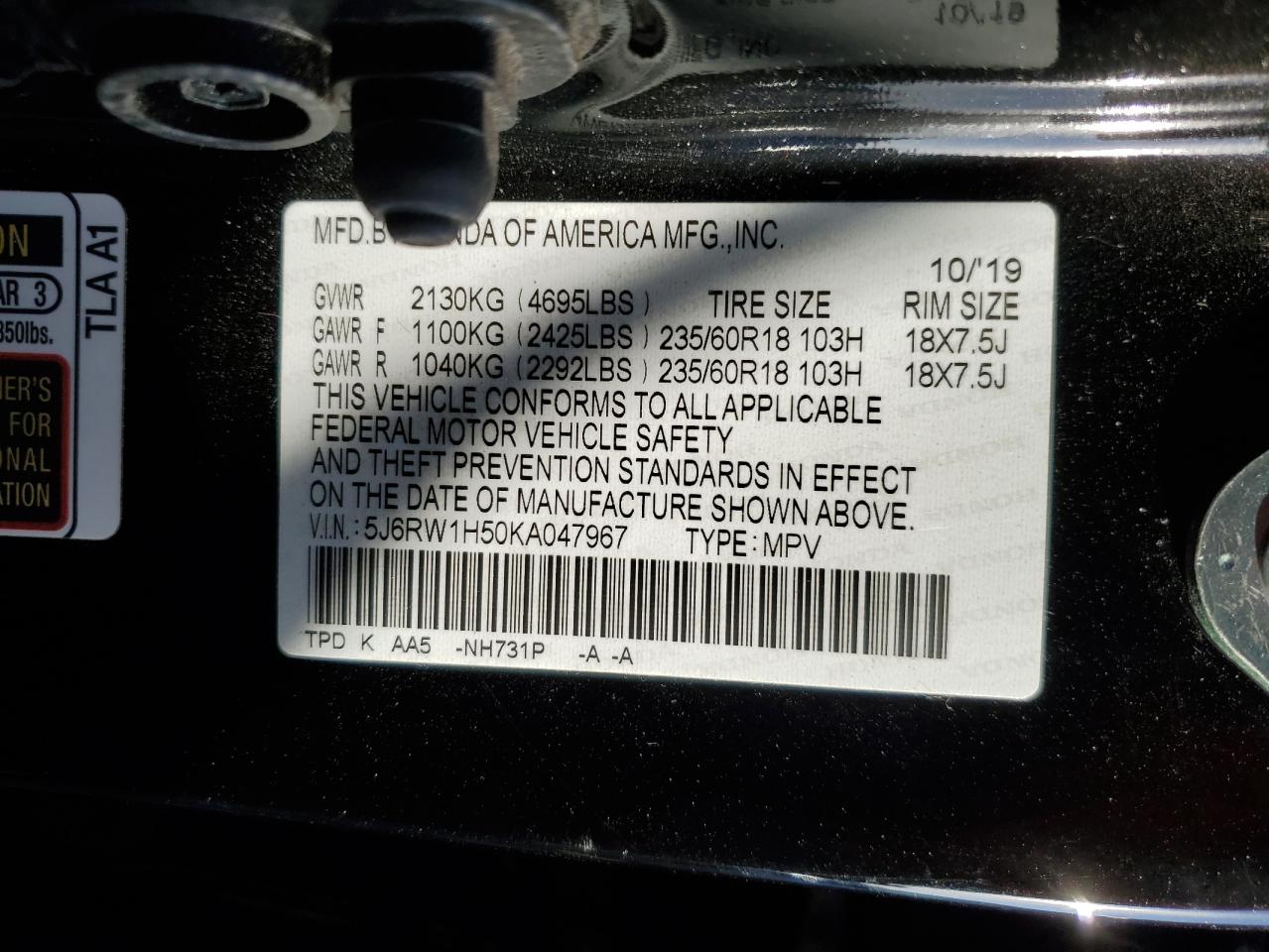 5J6RW1H50KA047967 2019 Honda Cr-V Ex