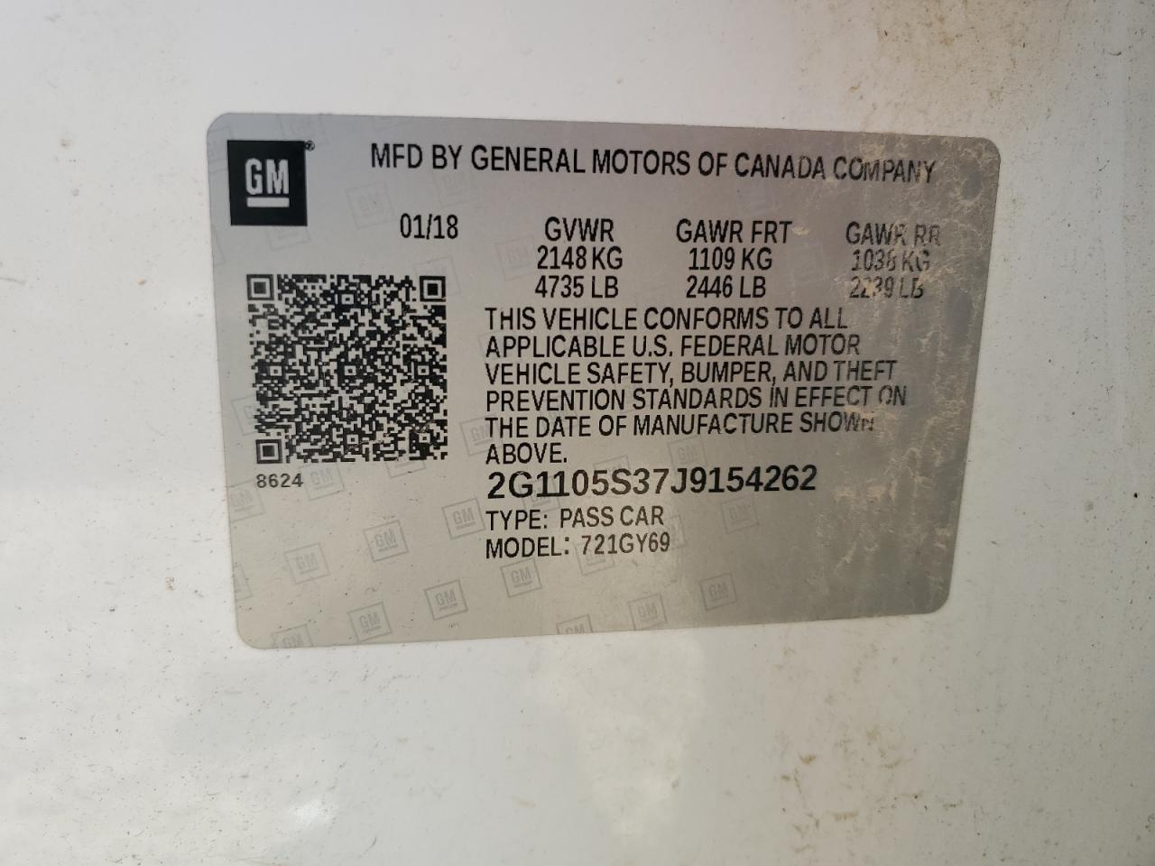 2G1105S37J9154262 2018 Chevrolet Impala Lt