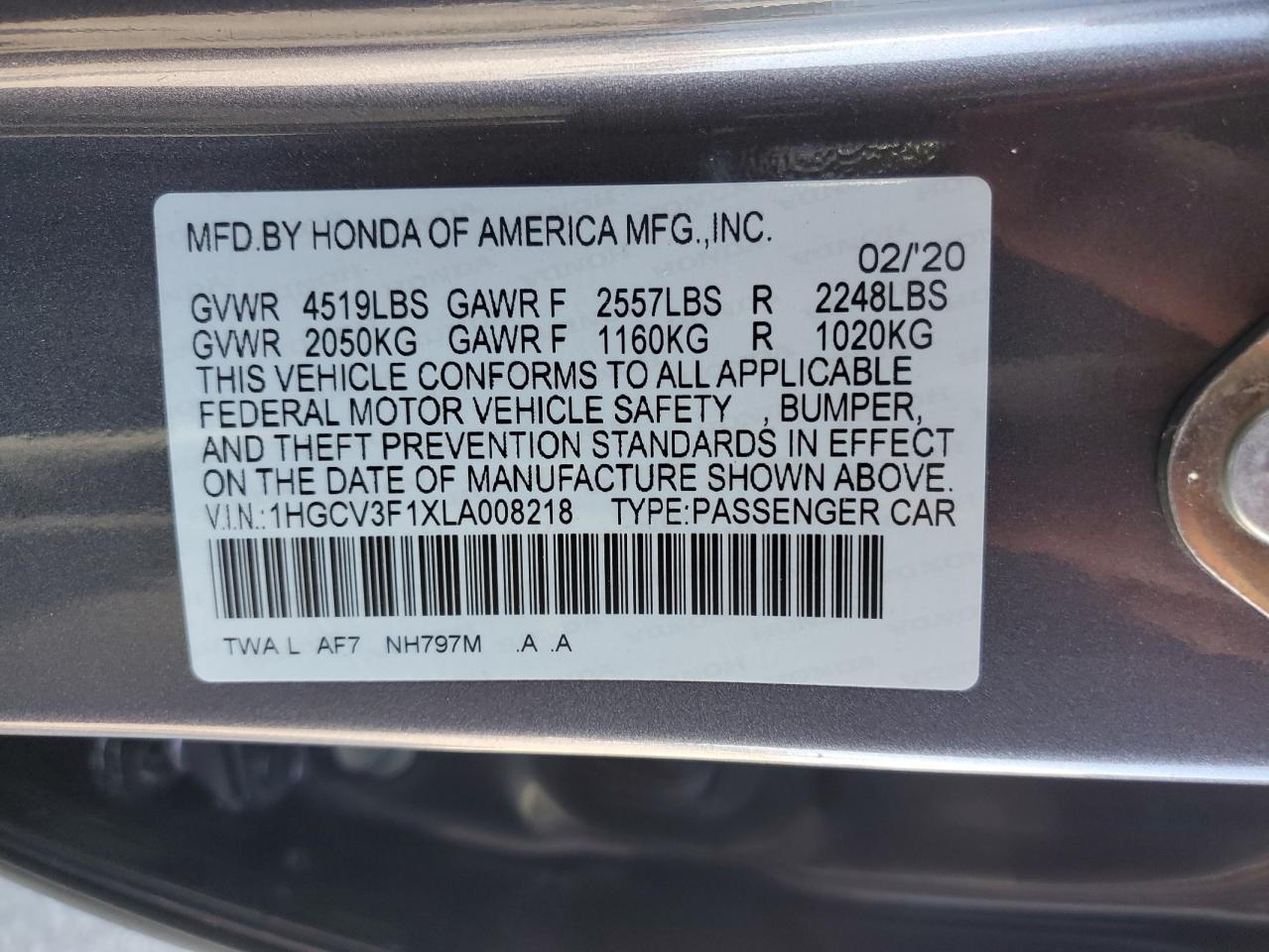 1HGCV3F1XLA008218 2020 Honda Accord Hybrid