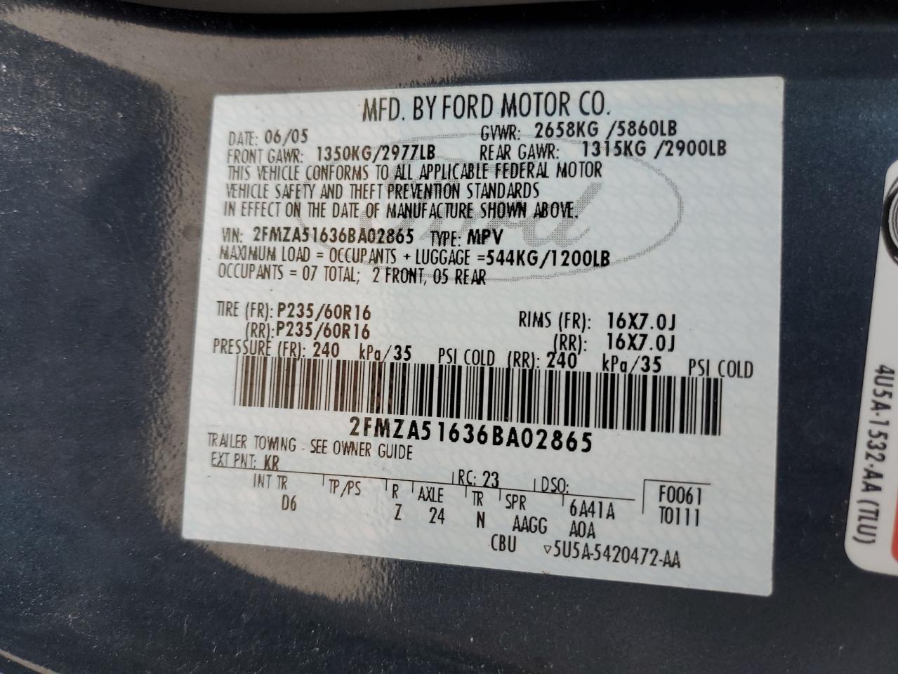 2006 Ford Freestar Se VIN: 2FMZA51636BA02865 Lot: 88453525