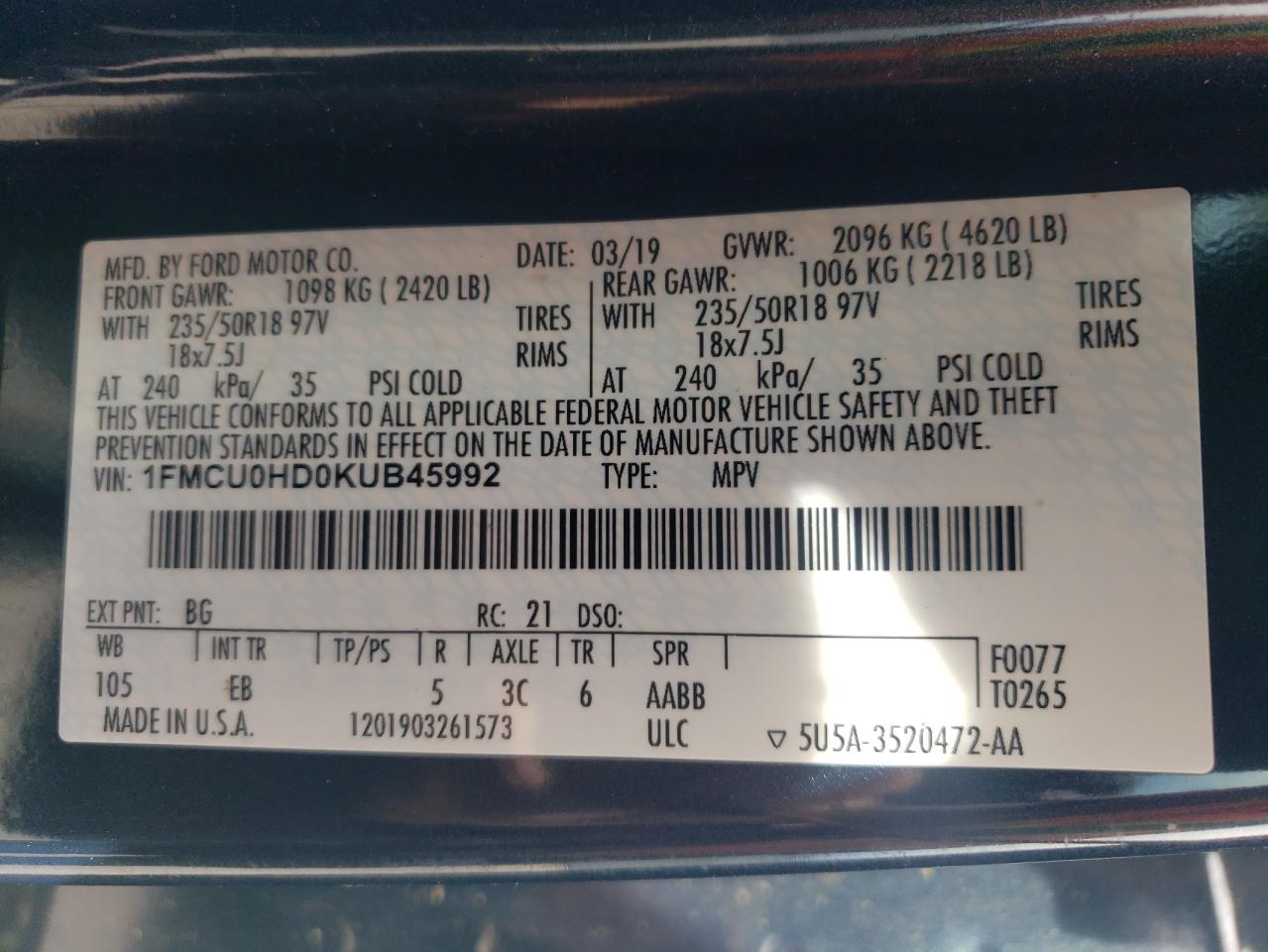 2019 Ford Escape Sel VIN: 1FMCU0HD0KUB45992 Lot: 70215284