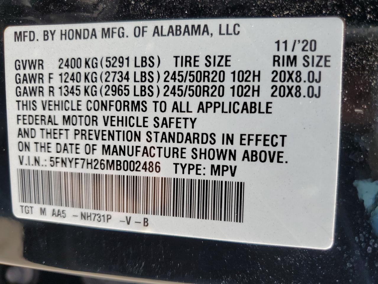 2021 Honda Passport Sport VIN: 5FNYF7H26MB002486 Lot: 72769994