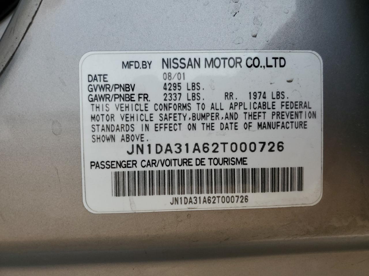 JN1DA31A62T000726 2002 Nissan Maxima Gle